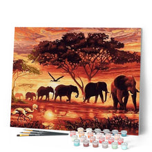 Charger l'image dans la galerie, peinture par numéros | Eléphants au Coucher du soleil | animaux, france, intermédiaire, éléphants | FiguredArt