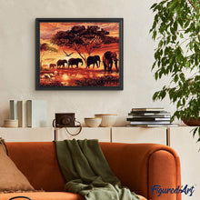 Charger l'image dans la galerie, peinture par numéros | Eléphants au Coucher du soleil | animaux, france, intermédiaire, éléphants | FiguredArt