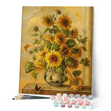Charger l'image dans la galerie, peinture par numéros | Fleurs de Tournesol sur la petite commode | Complexe, fleurs | FiguredArt