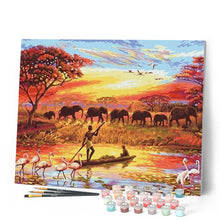 Charger l'image dans la galerie, peinture par numéros | Coucher de soleil Eléphants | animaux, envies d’ailleurs, france, intermédiaire, paysages | FiguredArt