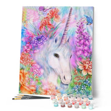 Charger l'image dans la galerie, peinture par numéros | Jolie Licorne au milieu des Fleurs | animaux, intermédiaire, licornes | FiguredArt