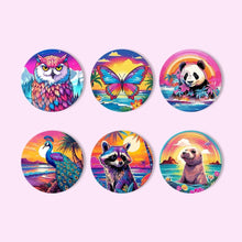 Charger l'image dans la galerie, Peinture par numéros Dessous de Verre 15cm (6 pièces) - Série Faune avec Panda, Raton Laveur et Phoque