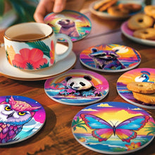 Charger l'image dans la galerie, Peinture par numéros Dessous de Verre 10cm (6 pièces) - Série Faune avec Panda, Raton Laveur et Phoque