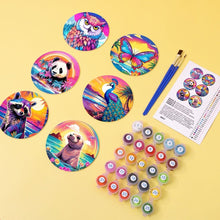 Charger l'image dans la galerie, Peinture par numéros Dessous de Verre 10cm (6 pièces) - Série Faune avec Panda, Raton Laveur et Phoque