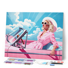 Charger l'image dans la galerie, Broderie Diamant - Diva dans une Voiture Rétro Rose 40x50cm toile tendue sur châssis