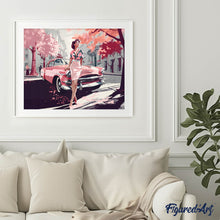 Charger l'image dans la galerie, Broderie Diamant - Femme et voiture classique rose