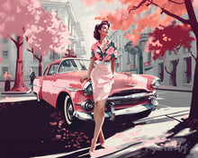 Charger l'image dans la galerie, Diamond Painting - Broderie Diamant - Femme et voiture classique rose