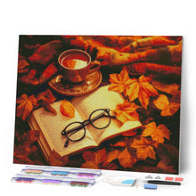 Charger l'image dans la galerie, Broderie Diamant - Thé et livre en Automne 40x50cm toile tendue sur châssis