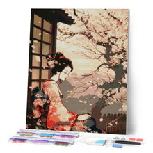 Charger l'image dans la galerie, Broderie Diamant - Femme en Kimono Vintage et Cerisiers en Fleurs 40x50cm toile tendue sur châssis