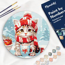 Charger l'image dans la galerie, Peinture par Numéro sur Disque en Bois - Chat Mignon avec Écharpe Rouge
