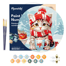 Charger l'image dans la galerie, Peinture par Numéro sur Disque en Bois - Chat Mignon avec Écharpe Rouge
