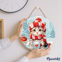 Charger l'image dans la galerie, Peinture par Numéro sur Disque en Bois - Chat Mignon avec Écharpe Rouge