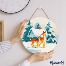 Charger l'image dans la galerie, Peinture par Numéro sur Disque en Bois - Biches et Cabane