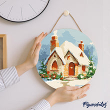 Charger l'image dans la galerie, Peinture par Numéro sur Disque en Bois - Maison en Briques sous la Neige