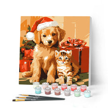 Charger l'image dans la galerie, Mini Peinture par Numéros 20x20cm avec cadre Chat et Chien de Noël