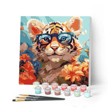 Charger l'image dans la galerie, Mini Peinture par Numéros 20x20cm avec cadre Bébé Tigre fantaisie et fleurs