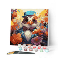 Charger l'image dans la galerie, Mini Peinture par Numéros 20x20cm avec cadre Oiseau en smoking fantaisie et fleurs