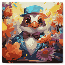 Charger l'image dans la galerie, Mini Peinture par Numéros 20x20cm avec cadre Oiseau en smoking fantaisie et fleurs