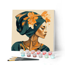 Charger l'image dans la galerie, Mini Peinture par Numéros 20x20cm avec cadre Femme au turban floral