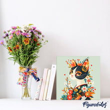 Charger l'image dans la galerie, Mini Peinture par Numéros 20x20cm avec cadre Chat Floral en Kimono