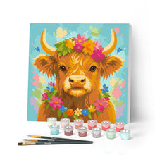 Charger l'image dans la galerie, Peinture par numéros Figured'Art Mini Peinture par Numéros 20x20cm avec cadre Vache Highland reine du jardin