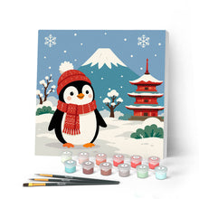 Charger l'image dans la galerie, Peinture par numéros Figured'Art Mini Peinture par Numéros 20x20cm avec cadre Pingouin près du mont Fuji