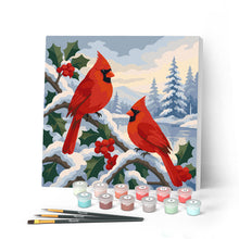 Charger l'image dans la galerie, Peinture par numéros Figured'Art Mini Peinture par Numéros 20x20cm avec cadre Cardinaux d'hiver
