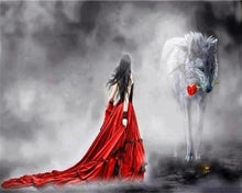 Charger l'image dans la galerie, peinture par numéros | Romance Femme et Loup | animaux, intermédiaire, loups, romantique | FiguredArt