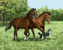 Charger l'image dans la galerie, peinture par numéros | Chevaux et Chiens dans la Prairie | animaux chevaux chiens intermédiaire | FiguredArt