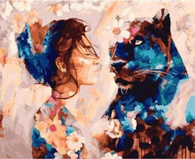Charger l'image dans la galerie, peinture par numéros | Complicité Femme et Panthère noire | animaux intermédiaire panthère | FiguredArt