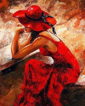 Charger l'image dans la galerie, peinture par numéros | Femme en Robe et Chapeau rouges | complexe romantique | FiguredArt