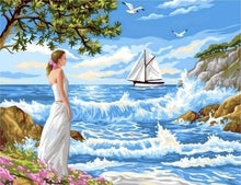 Charger l'image dans la galerie, peinture par numéros | Femme regardant les Vagues | bateaux facile paysages | FiguredArt