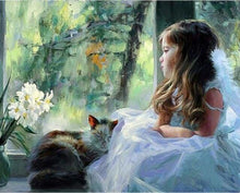 Charger l'image dans la galerie, peinture par numéros | Petite fille à la Fenêtre avec son Chat | animaux chats complexe romantique | FiguredArt
