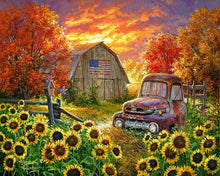 Charger l'image dans la galerie, Peinture par numéros Tournesols devant la grange | Figured'Art complexe paysages fleurs nouveautés