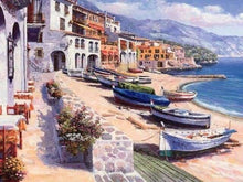 Charger l'image dans la galerie, peinture par numéros | Village méditerranéen et Barques amarrées | bateaux complexe paysages | FiguredArt
